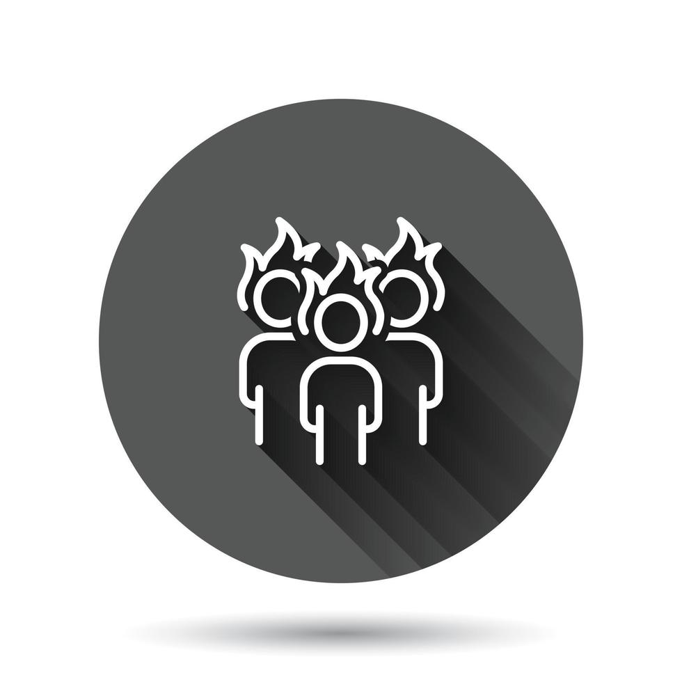 People with flame head icon in flat style. Stress expression vector illustration on black round background with long shadow effect. Health problem circle button business concept.