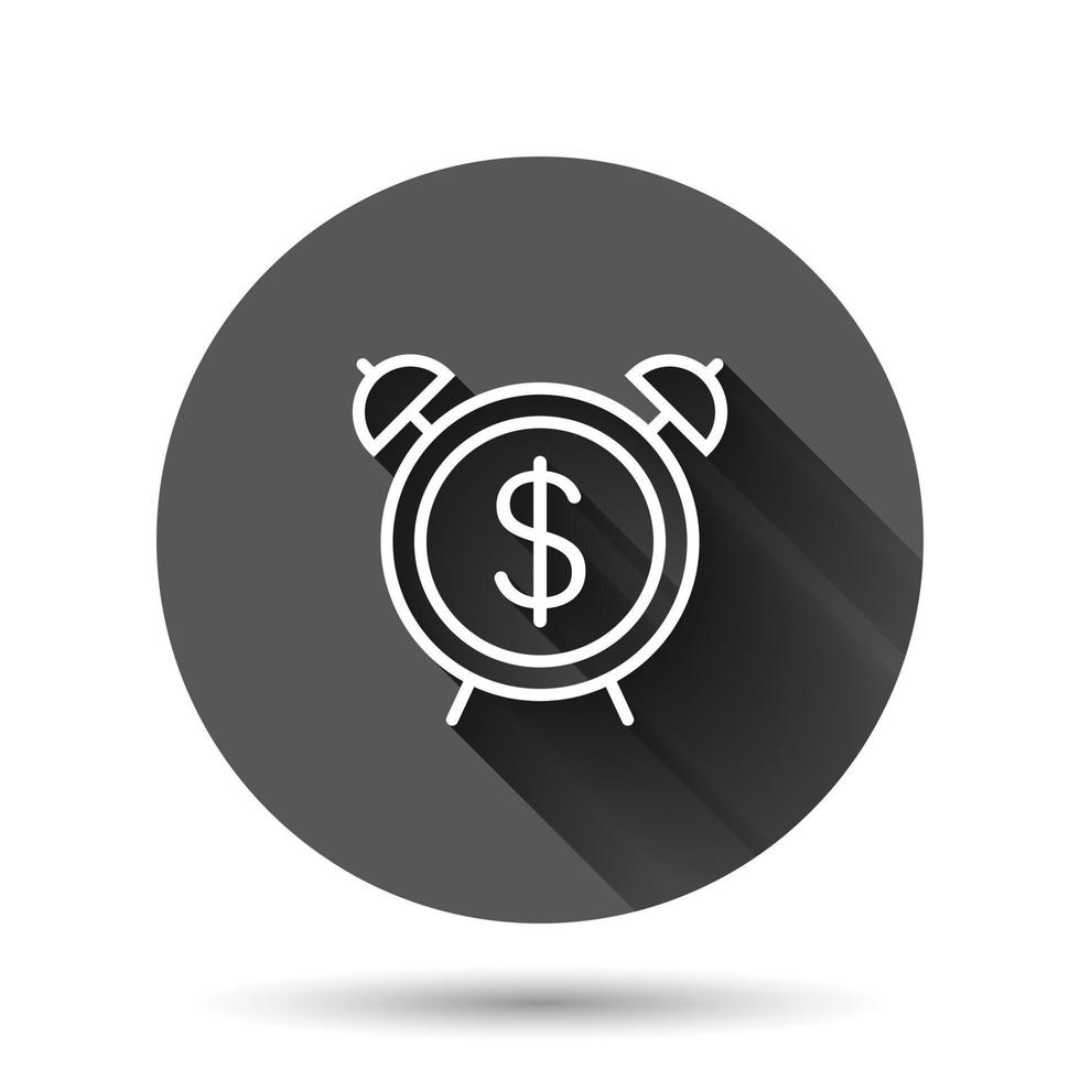 Time is money icon in flat style. Clock with dollar vector illustration on black round background with long shadow effect. Currency circle button business concept.