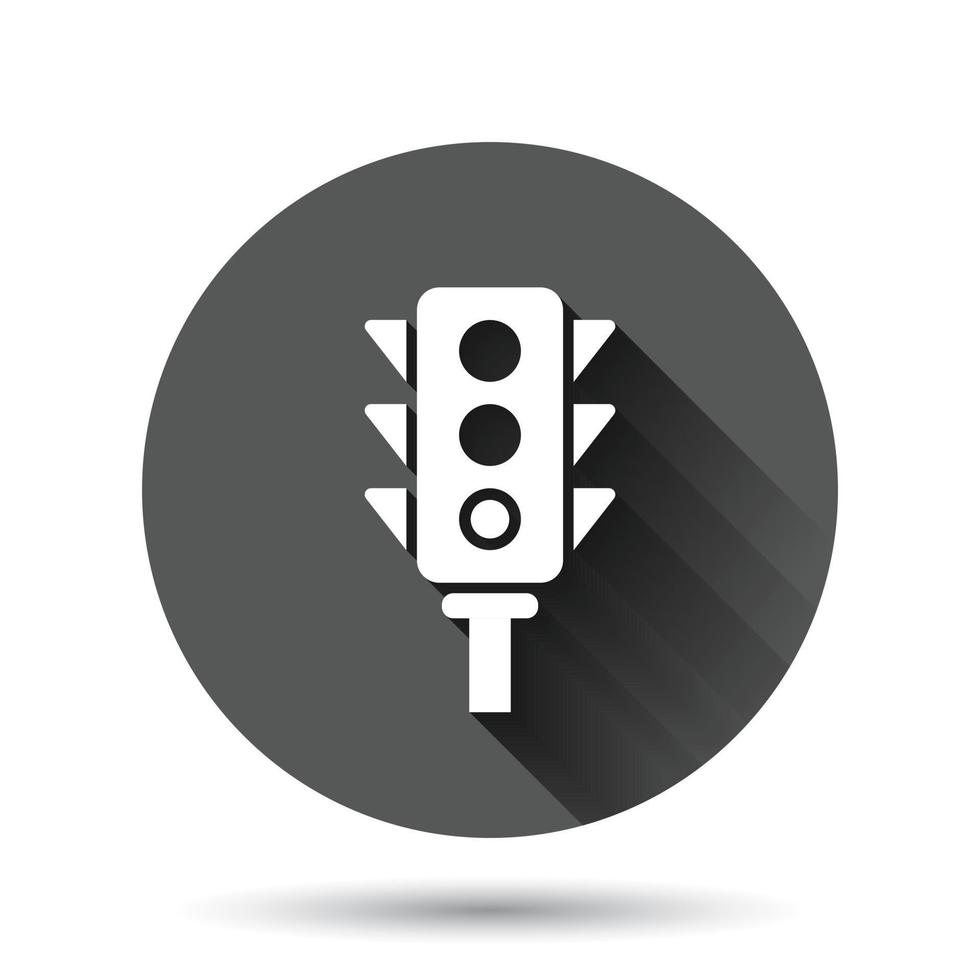 Semaphore icon in flat style. Traffic light vector illustration on black round background with long shadow effect. Crossroads circle button business concept.