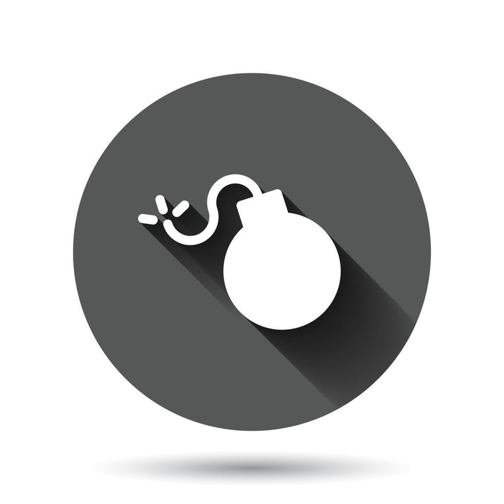 Bomb icon in flat style. Dynamite vector illustration on black round background with long shadow effect. C4 tnt circle button business concept.