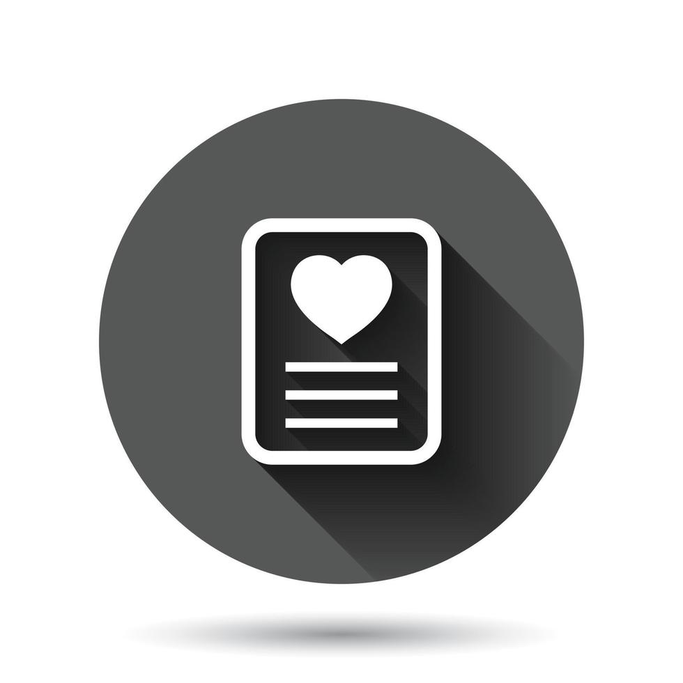 Wishlist icon in flat style. Like document vector illustration on black round background with long shadow effect. Favorite list circle button business concept.