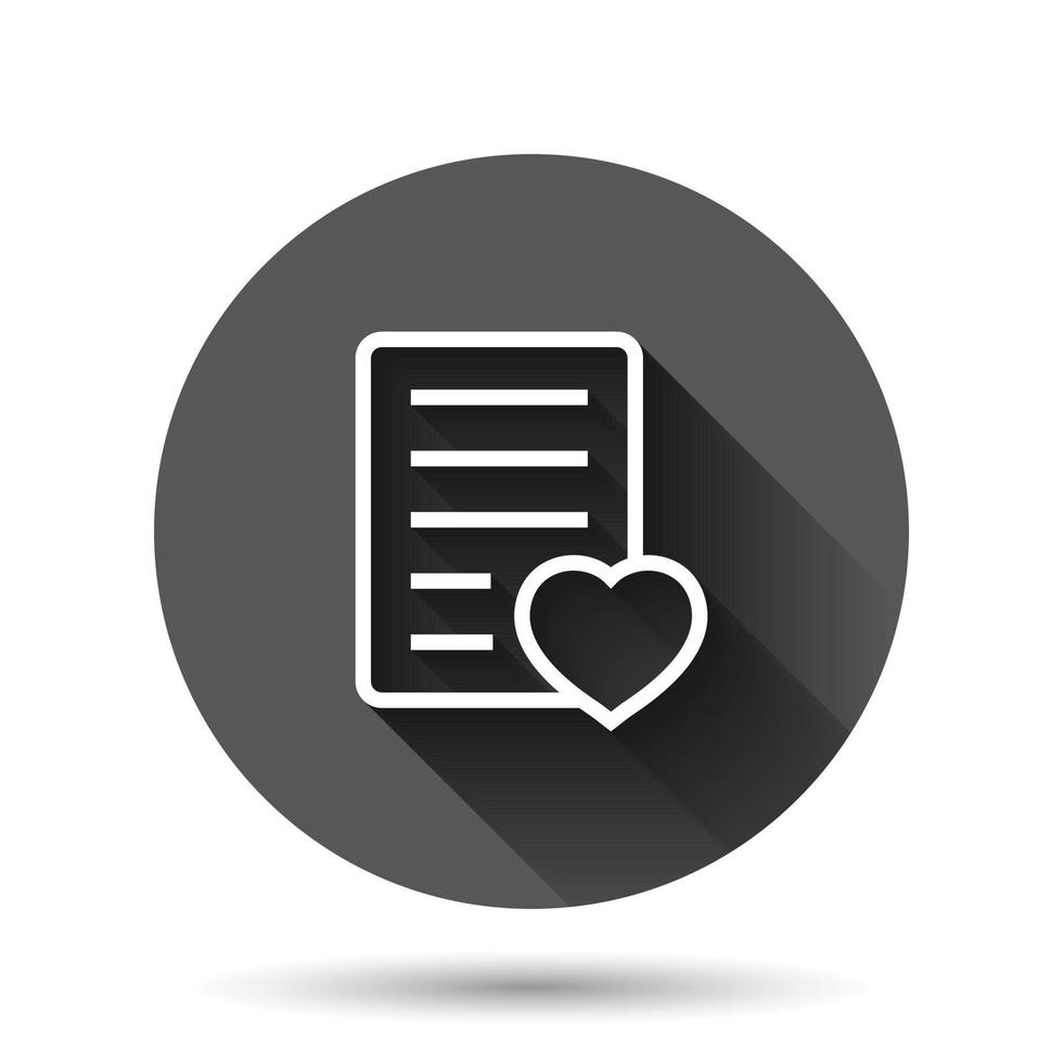 Wishlist icon in flat style. Like document vector illustration on black round background with long shadow effect. Favorite list circle button business concept.