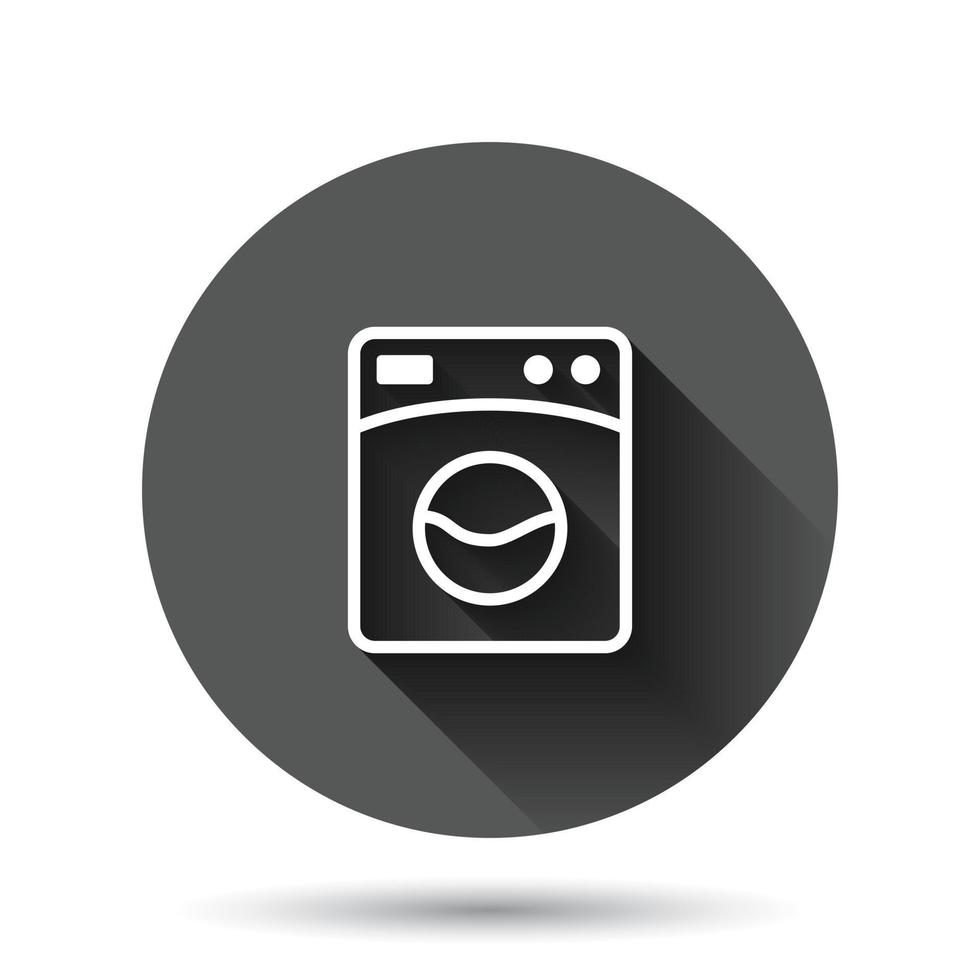 Washing machine icon in flat style. Washer vector illustration on black round background with long shadow effect. Laundry circle button business concept.