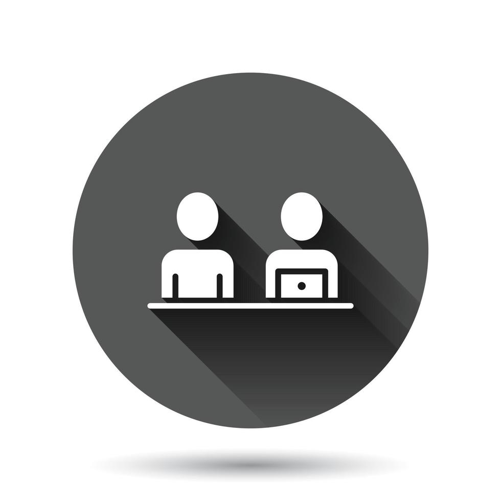 People with laptop computer icon in flat style. Pc user vector illustration on black round background with long shadow effect. Office manager circle button business concept.