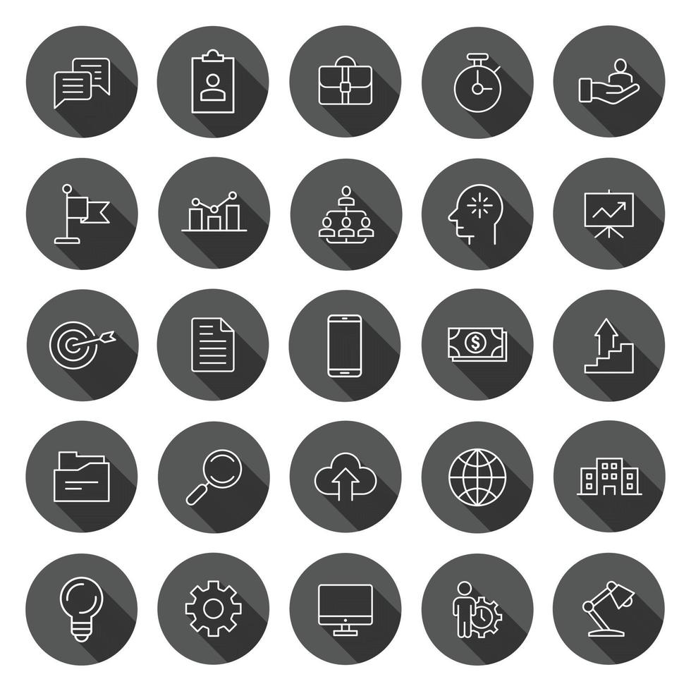 Business icon set in flat style. Finance strategy vector illustration on black round background with long shadow effect. Marketing circle button business concept.
