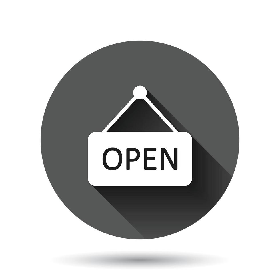 Open sign icon in flat style. Accessibility vector illustration on black round background with long shadow effect. Message circle button business concept.