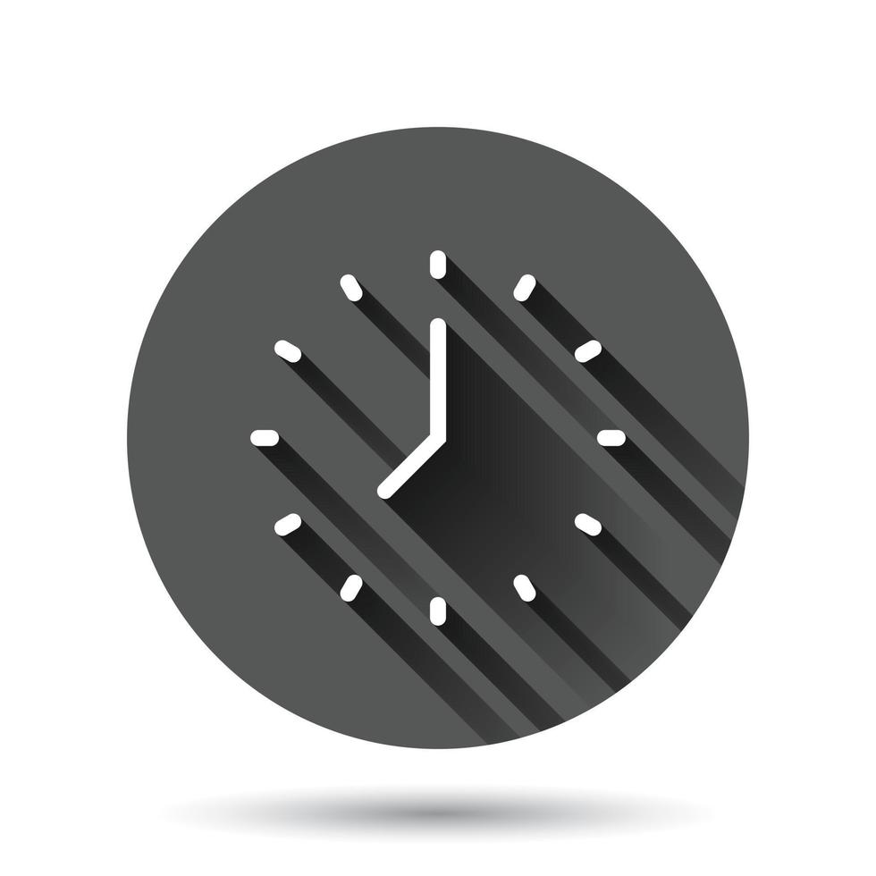 Clock icon in flat style. Watch vector illustration on black round background with long shadow effect. Timer circle button business concept.