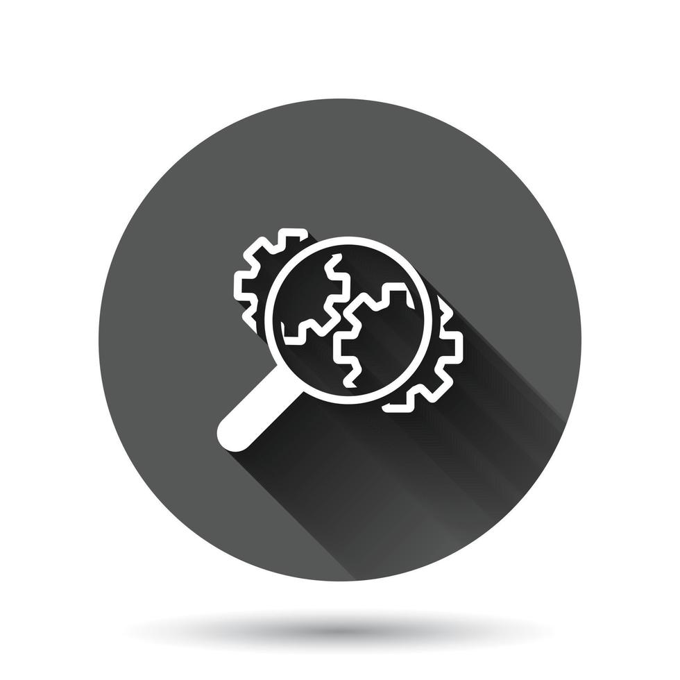 Loupe with gear icon in flat style. Magnifying glass vector illustration on black round background with long shadow effect. Seo exploration circle button business concept.