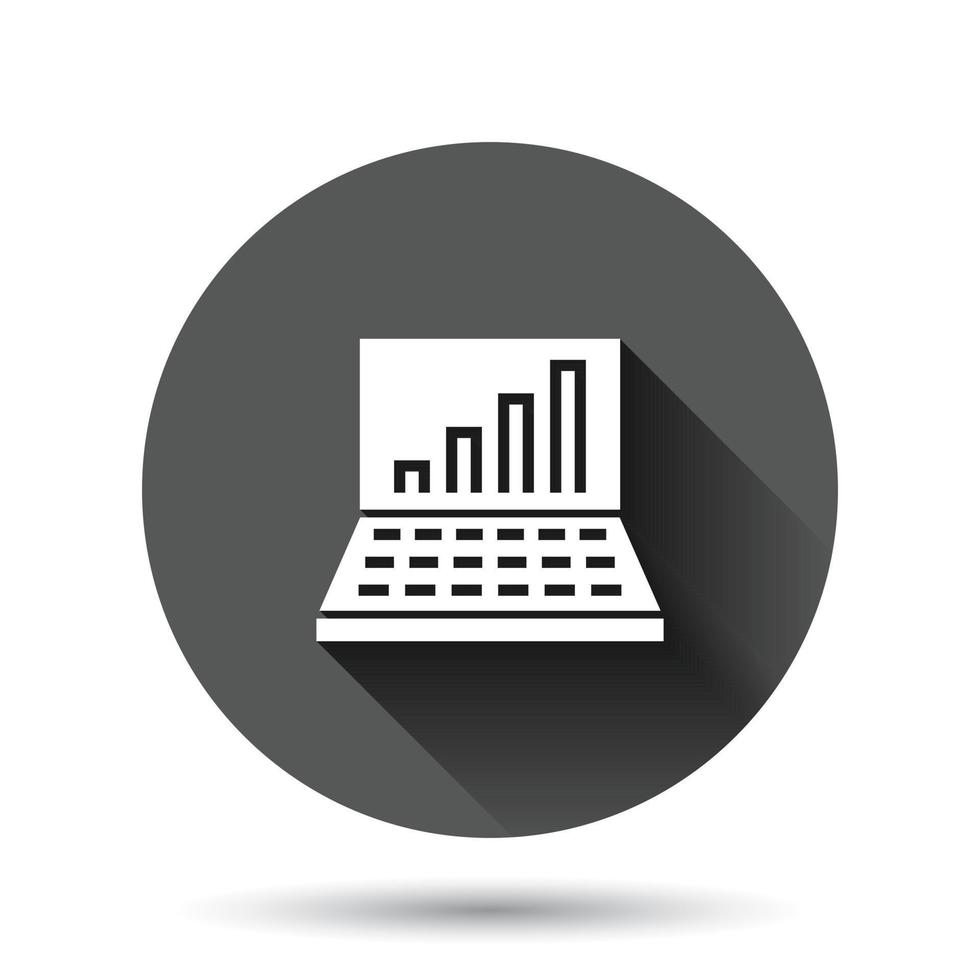 Laptop chart icon in flat style. SEO data vector illustration on black round background with long shadow effect. Computer diagram circle button business concept.