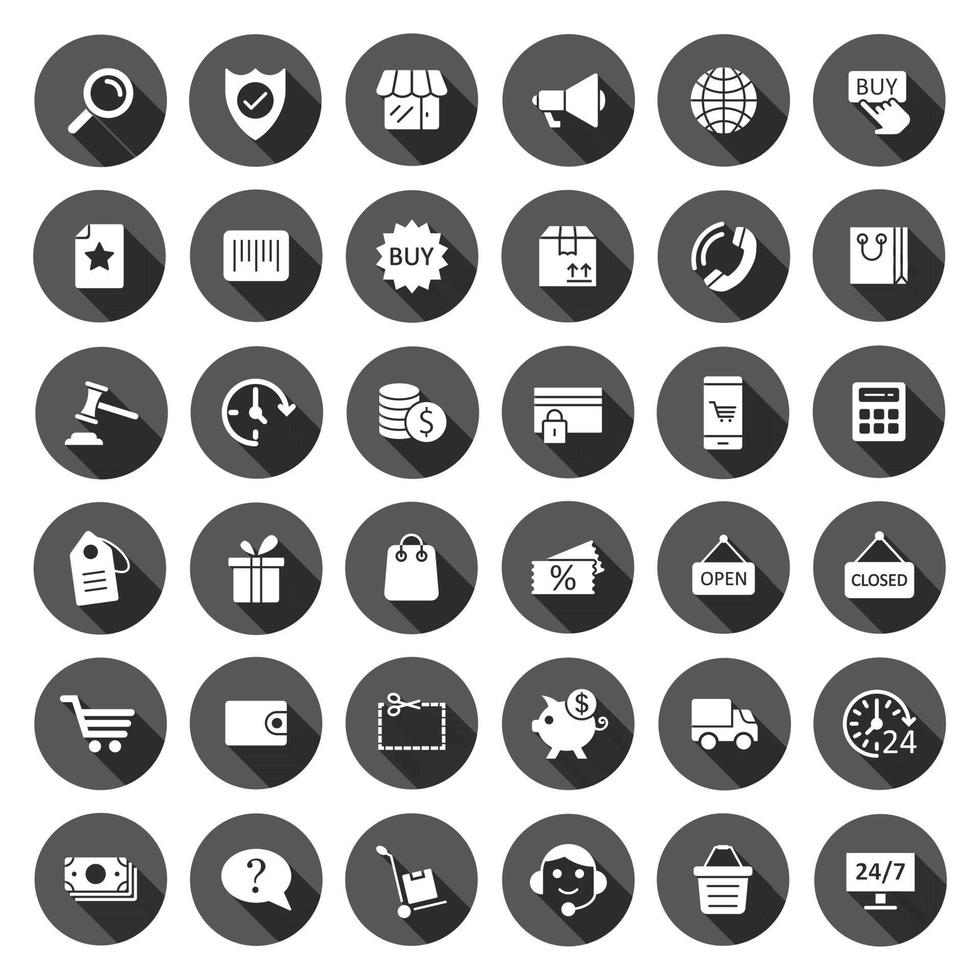 Shopping icon set in flat style. Online commerce vector illustration on black round background with long shadow effect. Market store circle button business concept.