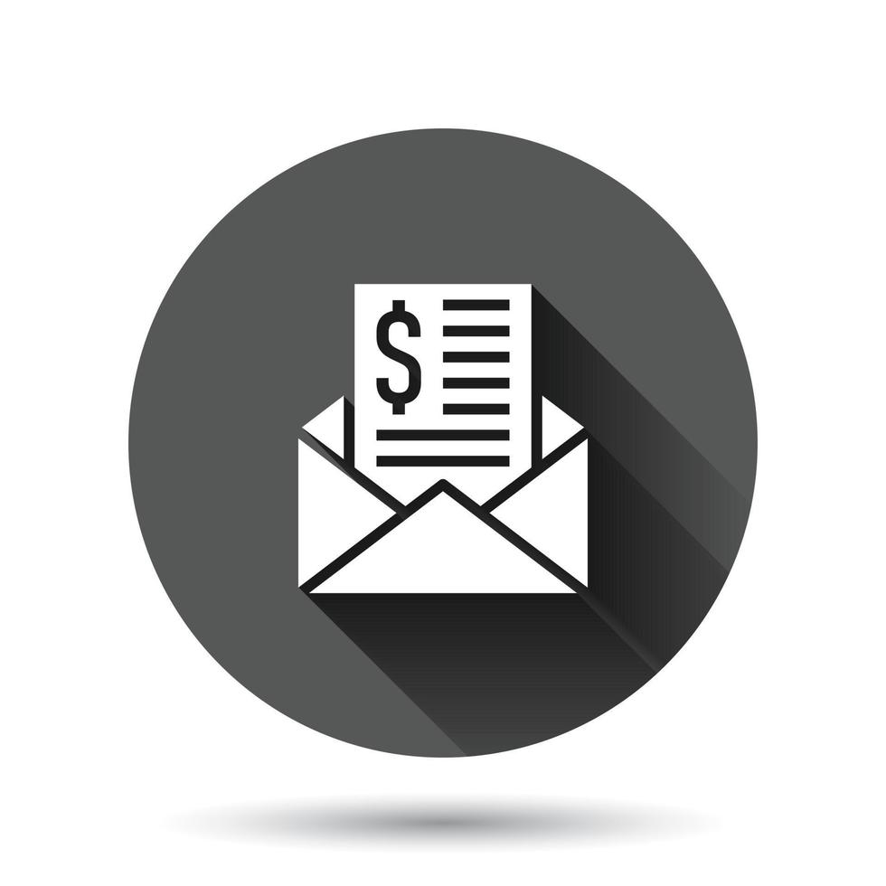 Envelope with money icon in flat style. E-mail cash vector illustration on black round background with long shadow effect. Finance message circle button business concept.