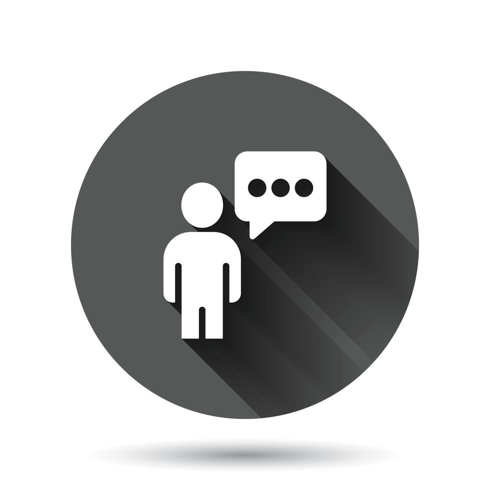 People with speech bubble icon in flat style. Chat vector illustration on black round background with long shadow effect. Speaker dialog circle button business concept.