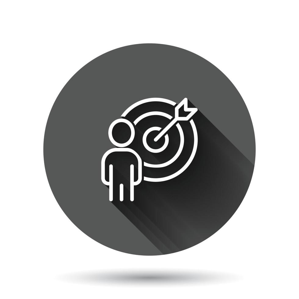 People target icon in flat style. Search human vector illustration on black round background with long shadow effect. Job recruitment circle button business concept.