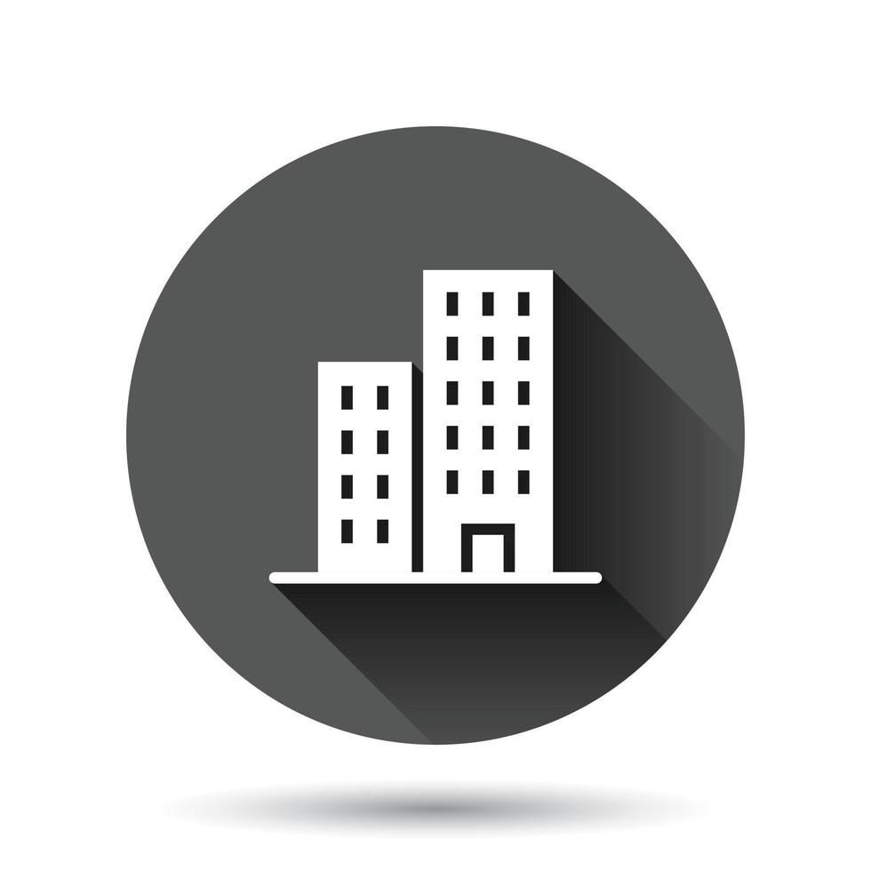 Building icon in flat style. Town skyscraper apartment vector illustration on black round background with long shadow effect. City tower circle button business concept.