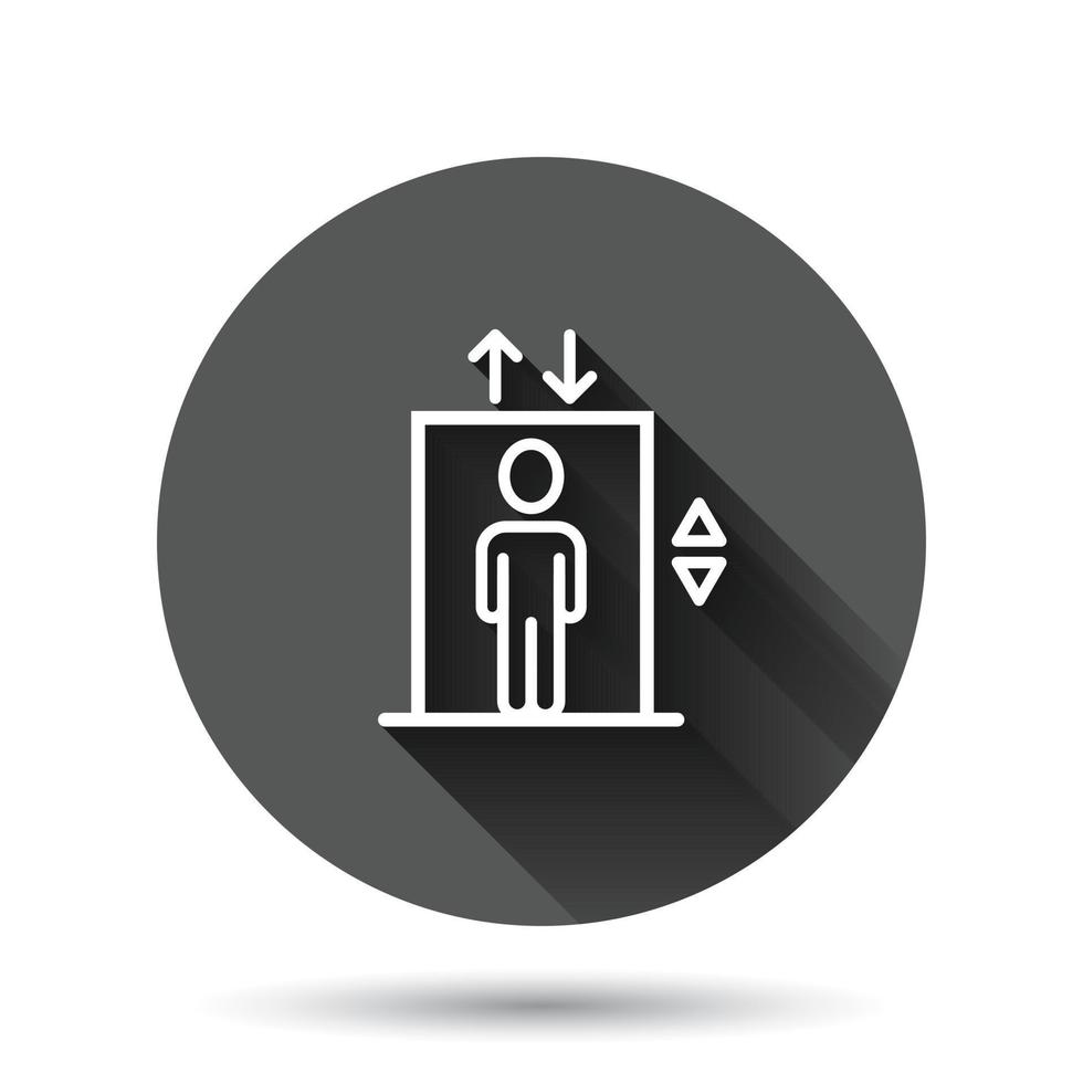 Elevator icon in flat style. Lift vector illustration on black round background with long shadow effect. Passenger transportation circle button business concept.