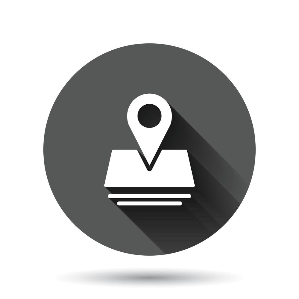 Map pin icon in flat style. gps navigation vector illustration on black round background with long shadow effect. Locate position circle button business concept.