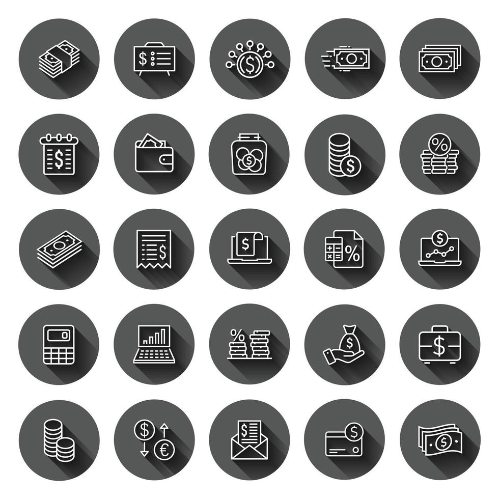 Money finance icon set in flat style. Payment vector illustration on black round background with long shadow effect. Currency budget circle button business concept.