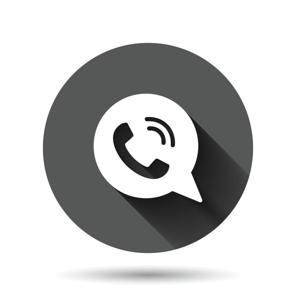 Mobile phone icon in flat style. Telephone talk vector illustration on black round background with long shadow effect. Hotline contact circle button business concept.
