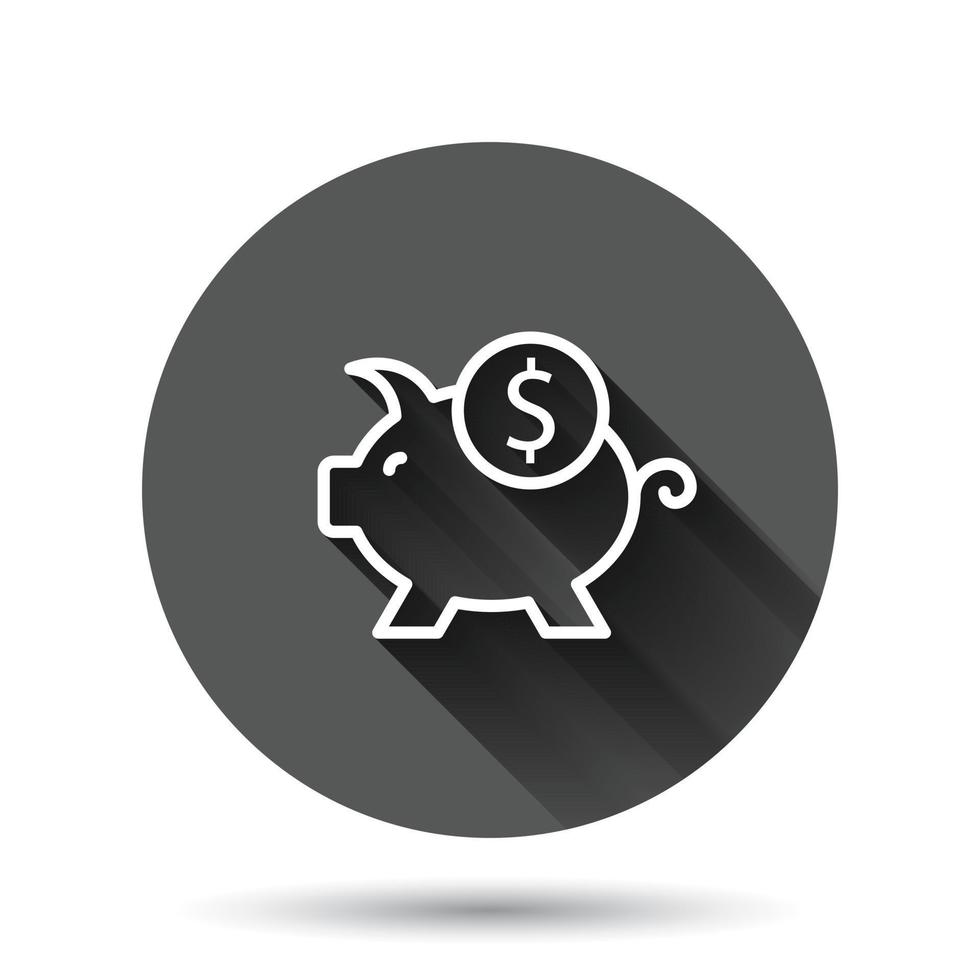 Money box icon in flat style. Pig container vector illustration on black round background with long shadow effect. Piggy bank circle button business concept.