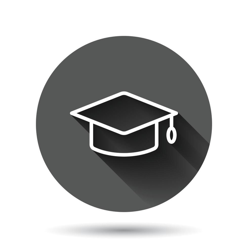 Graduation hat icon in flat style. Student cap vector illustration on black round background with long shadow effect. University circle button business concept.