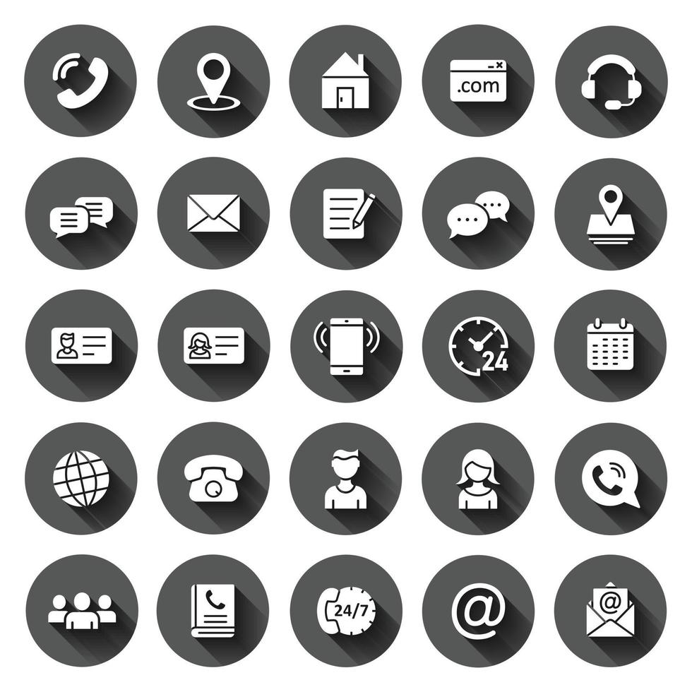 Contact icon set in flat style. Phone communication vector illustration on black round background with long shadow effect. Website equipment circle button business concept.