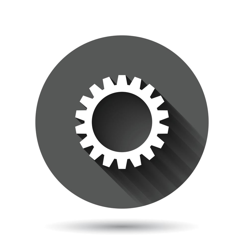 Gear vector icon in flat style. Cog wheel illustration on black round background with long shadow effect. Gearwheel cogwheel circle button business concept.