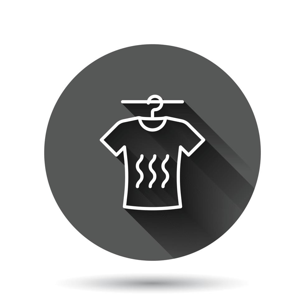 T-shirt washing icon in flat style. Clothes dry vector illustration on black round background with long shadow effect. Shirt laundry circle button business concept.