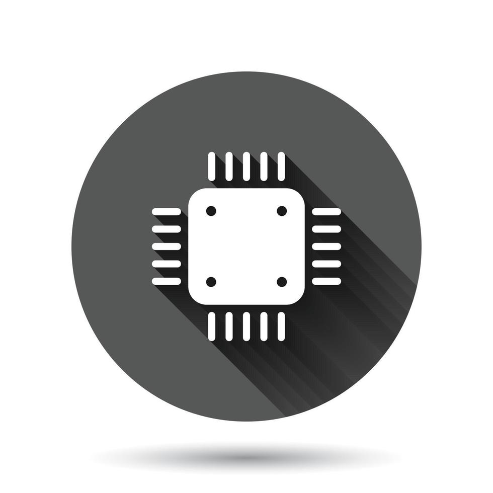 Computer cpu icon in flat style. Circuit board vector illustration on black round background with long shadow effect. Motherboard chip circle button business concept.