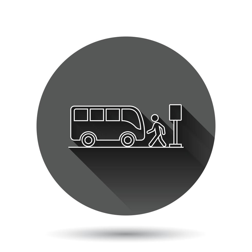 Bus station icon in flat style. Auto stop vector illustration on black round background with long shadow effect. Autobus vehicle circle button business concept.