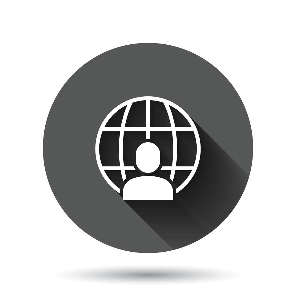 People global icon in flat style. World communication vector illustration on black round background with long shadow effect. Cooperation circle button business concept.