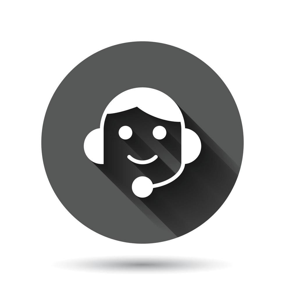 Helpdesk icon in flat style. Headphone vector illustration on black round background with long shadow effect. Chat operator circle button business concept.