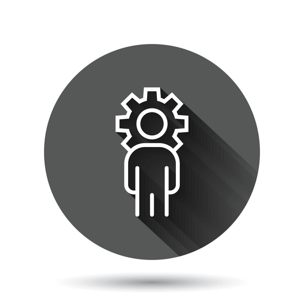 People with gear icon in flat style. Person cogwheel vector illustration on black round background with long shadow effect. Teamwork circle button business concept.