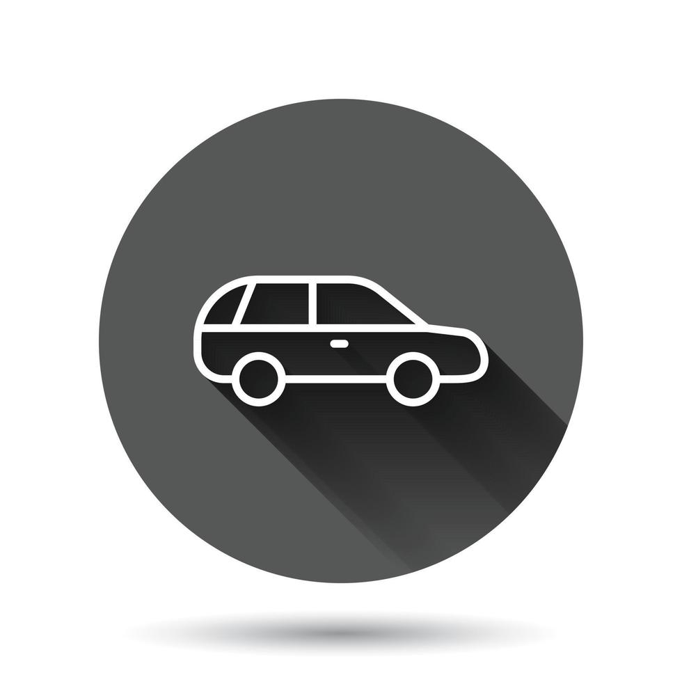 icono de coche en estilo plano. ilustración de vector de vehículo de automóvil sobre fondo redondo negro con efecto de sombra larga. concepto de negocio de botón de círculo de sedán.