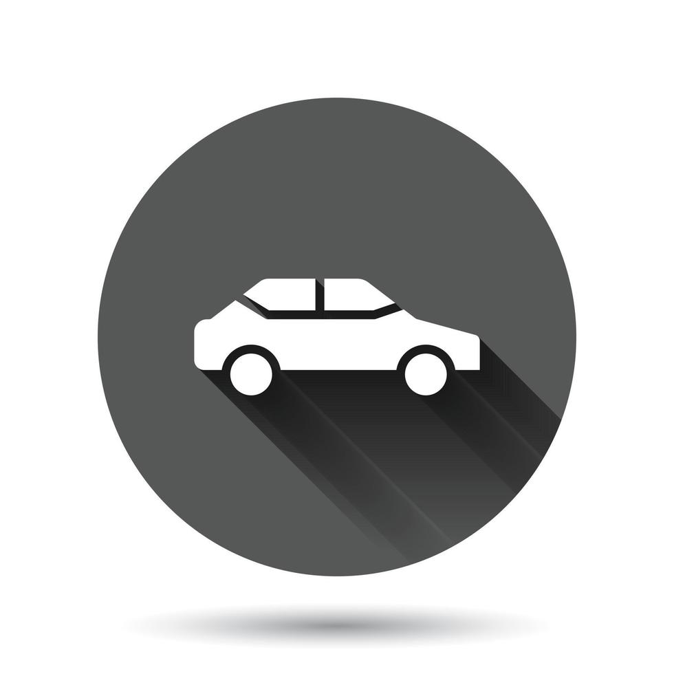 icono de coche en estilo plano. ilustración de vector de vehículo de automóvil sobre fondo redondo negro con efecto de sombra larga. concepto de negocio de botón de círculo de sedán.