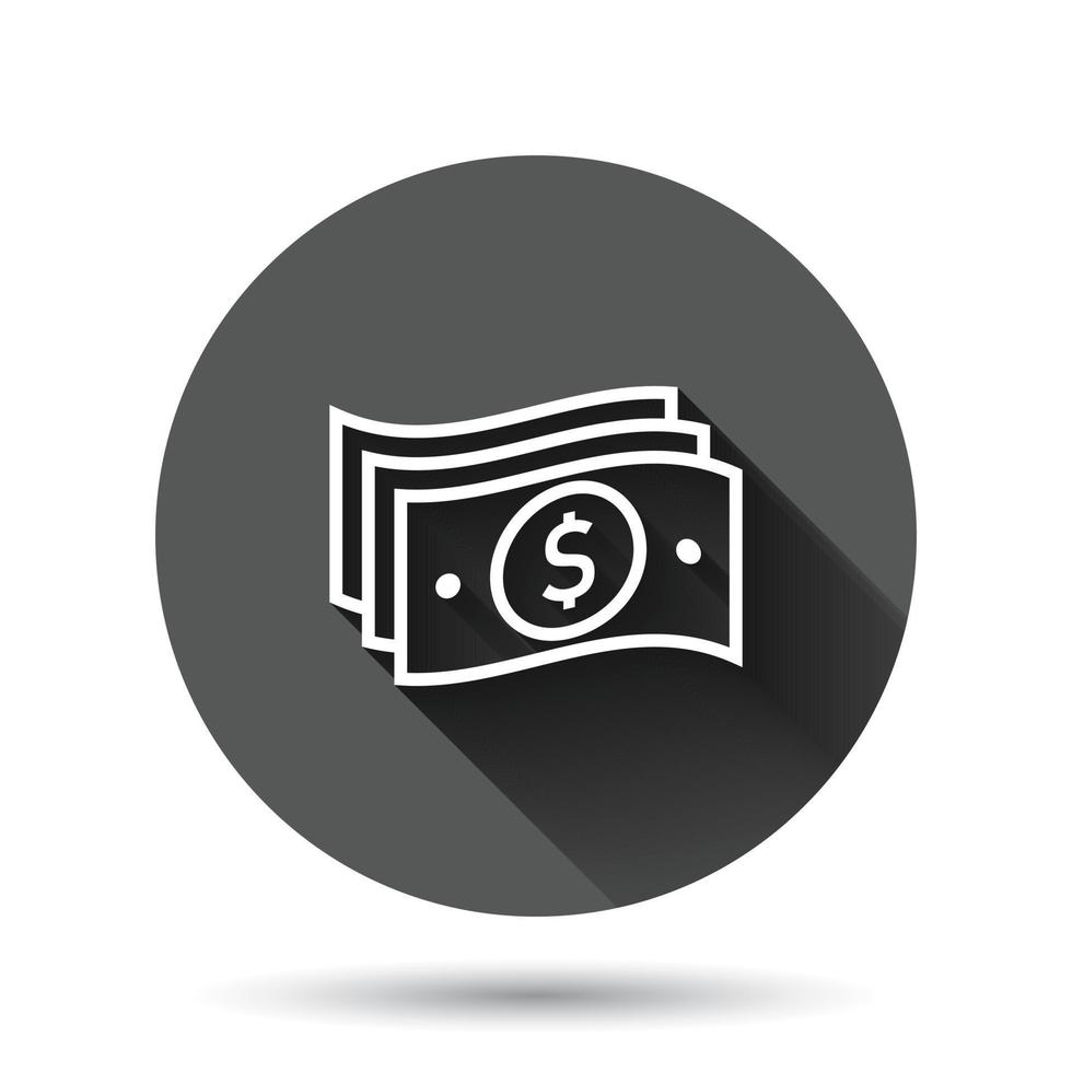 Money stack icon in flat style. Exchange cash vector illustration on black round background with long shadow effect. Dollar banknote bill circle button business concept.