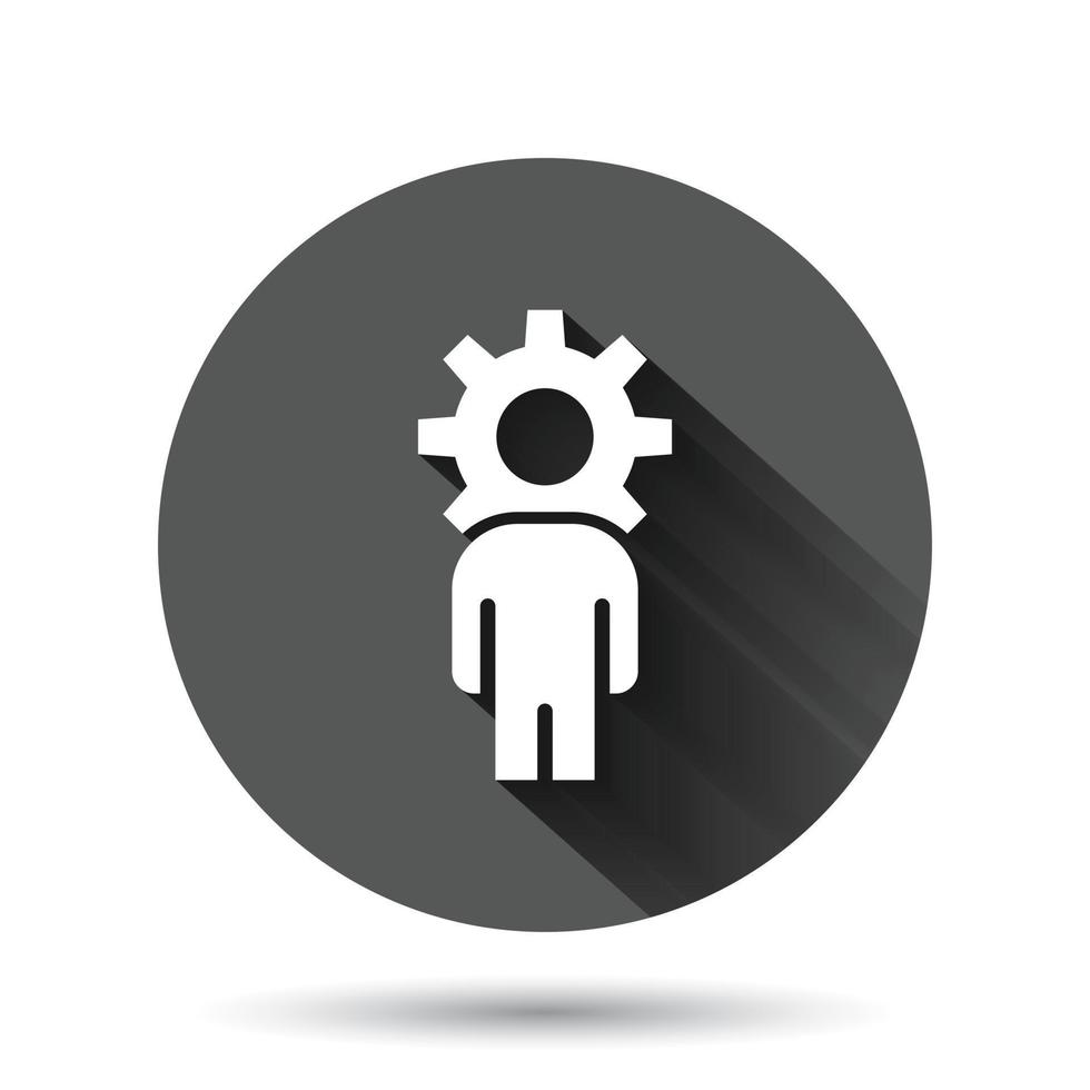 People with gear icon in flat style. Person cogwheel vector illustration on black round background with long shadow effect. Teamwork circle button business concept.