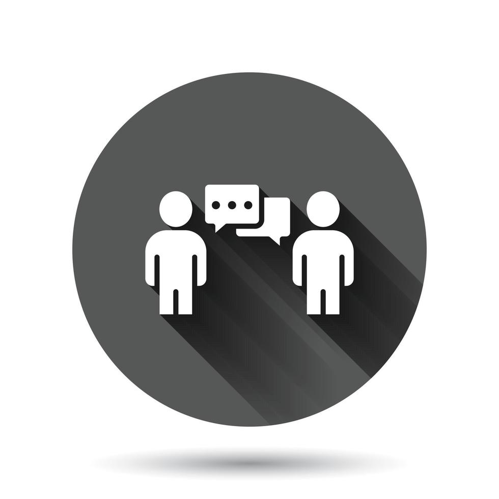 People with speech bubble icon in flat style. Chat vector illustration on black round background with long shadow effect. Speaker dialog circle button business concept.