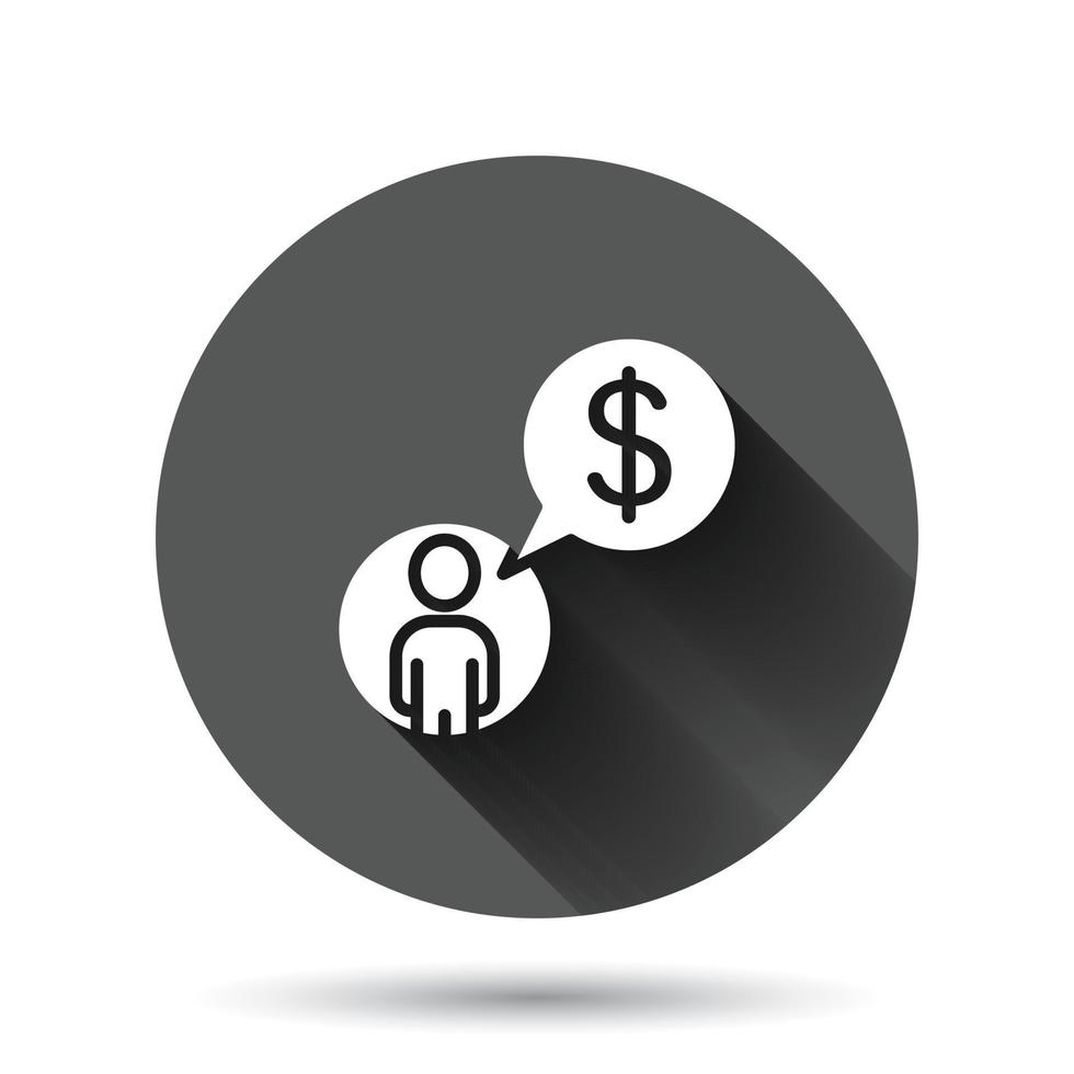 People with money icon in flat style. Investor vector illustration on black round background with long shadow effect. Businessman circle button business concept.