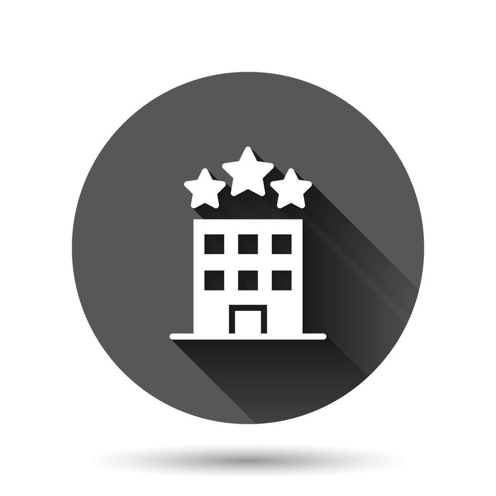 Building icon in flat style. Town skyscraper apartment vector illustration on black round background with long shadow effect. City tower circle button business concept.