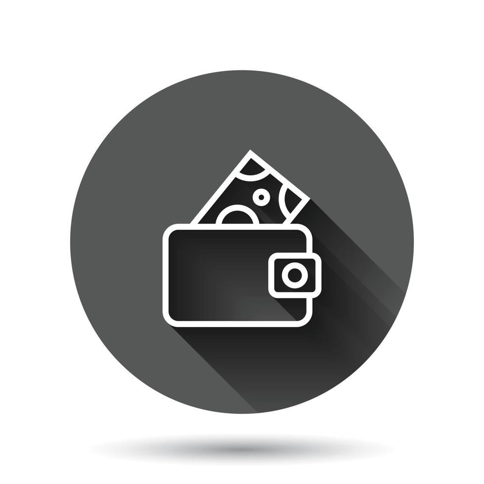 Wallet icon in flat style. Purse vector illustration on black round background with long shadow effect. Finance bag circle button business concept.