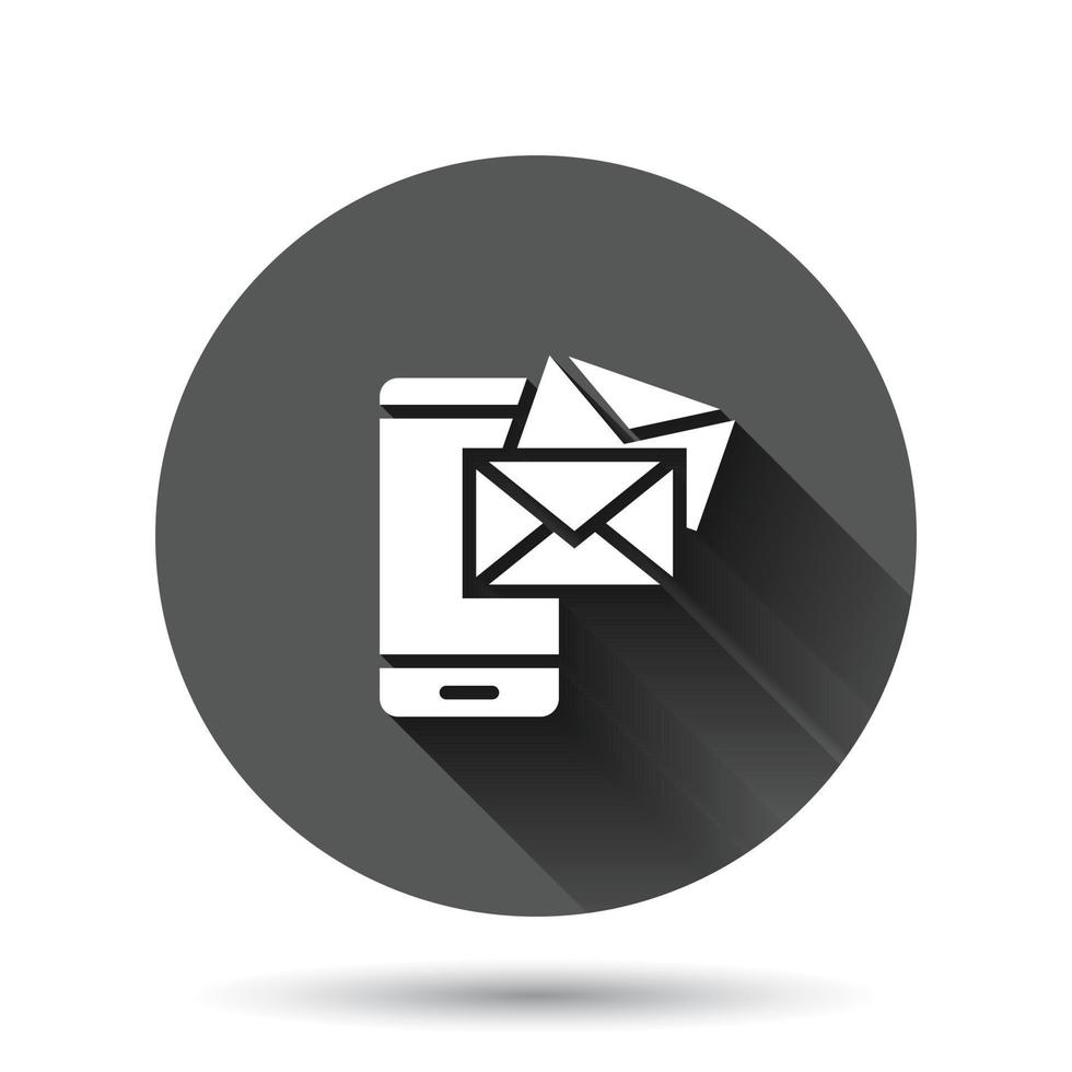 Message on smartphone icon in flat style. Mail with phone vector illustration on black round background with long shadow effect. Envelope circle button business concept.