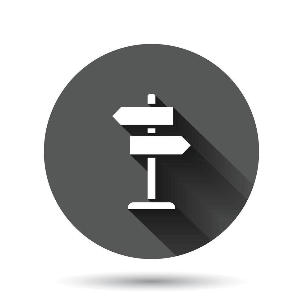 icono de poste indicador de cruce en estilo plano. ilustración de vector de dirección de carretera sobre fondo redondo negro con efecto de sombra largo. concepto de negocio de botón de círculo roadsign.