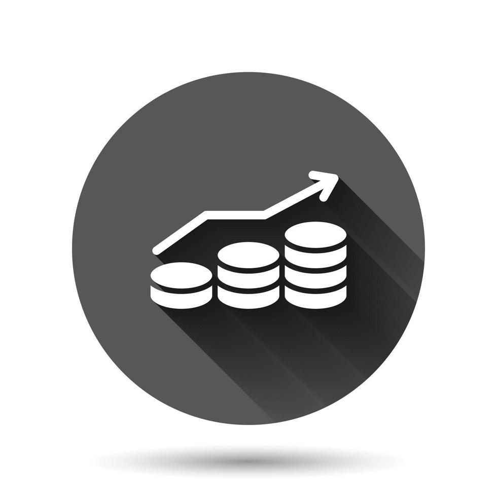 Income rate increase icon in flat style. Finance performance vector illustration on black round background with long shadow effect. Coin with growth arrow circle button business concept.