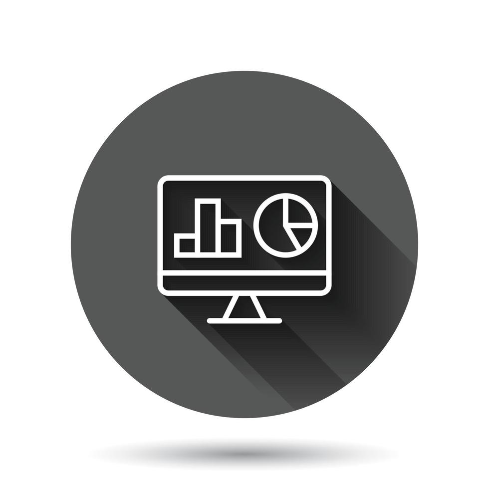 Website analytics icon in flat style. SEO data vector illustration on black round background with long shadow effect. Computer diagram circle button business concept.