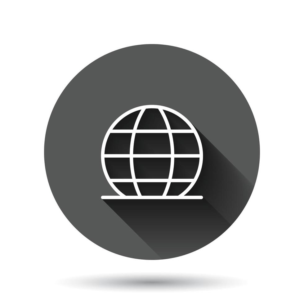 icono del planeta tierra en estilo plano. ilustración vectorial geográfica del globo sobre fondo redondo negro con efecto de sombra larga. concepto de negocio de botón de círculo de comunicación global. vector