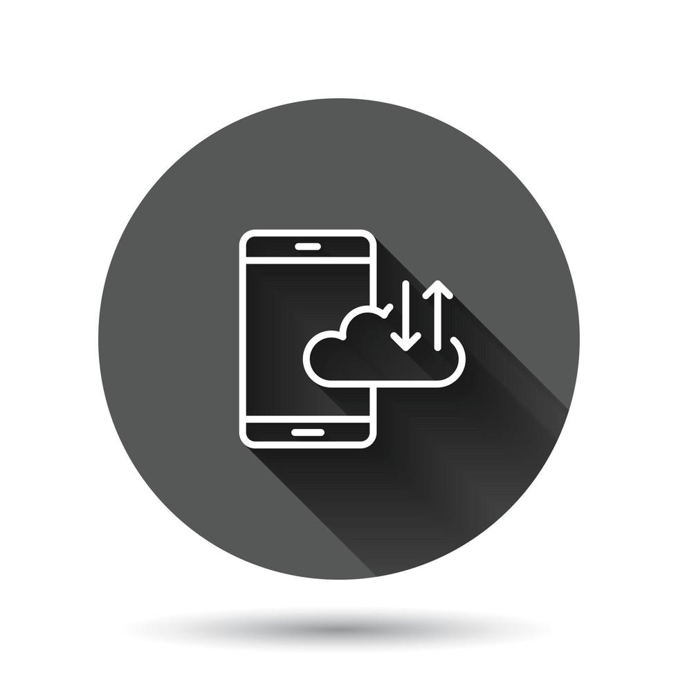 smartphone con icono de nube en estilo plano. ilustración de vector de almacenamiento de red telefónica sobre fondo redondo negro con efecto de sombra larga. concepto de negocio de botón de círculo de copia de seguridad en línea.