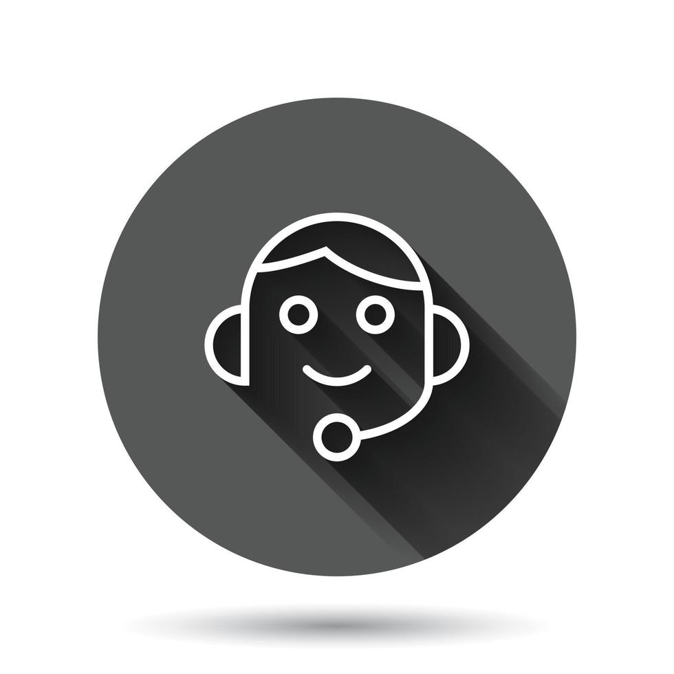 Helpdesk icon in flat style. Headphone vector illustration on black round background with long shadow effect. Chat operator circle button business concept.