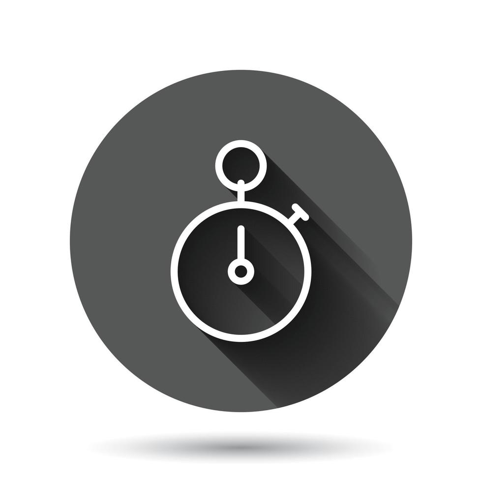 Clock icon in flat style. Watch vector illustration on black round background with long shadow effect. Timer circle button business concept.
