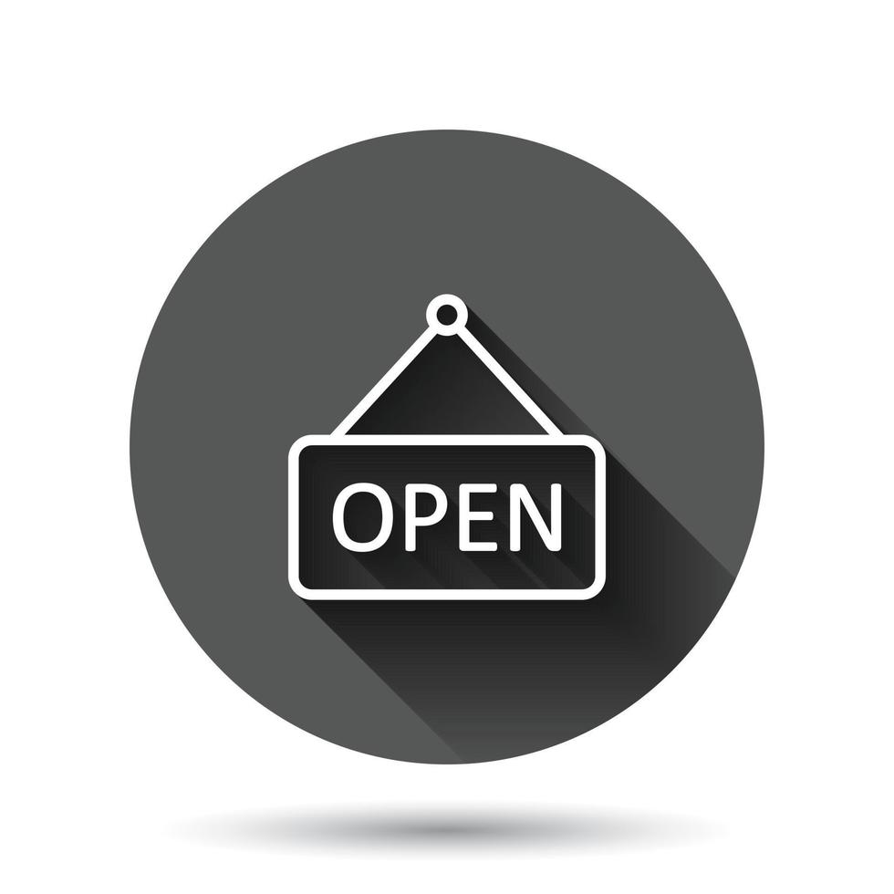 Open sign icon in flat style. Accessibility vector illustration on black round background with long shadow effect. Message circle button business concept.