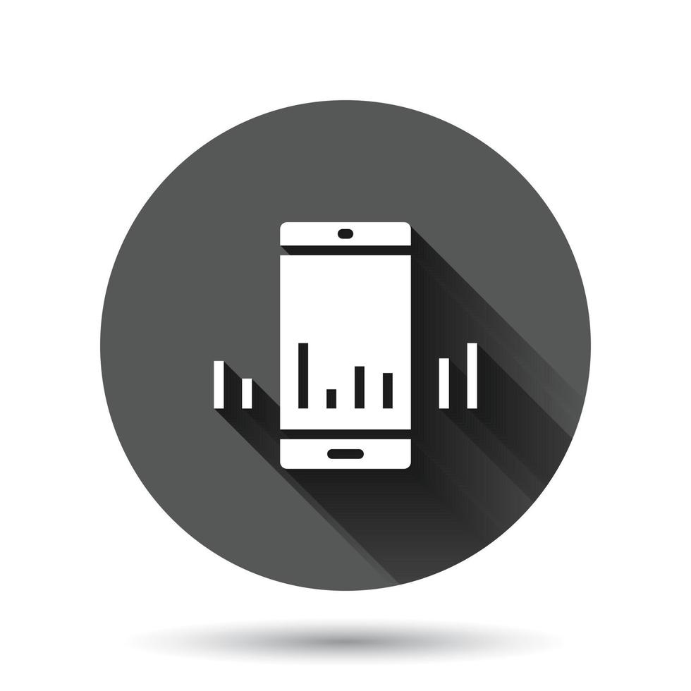 Phone diagram icon in flat style. Smartphone growth statistic vector illustration on black round background with long shadow effect. Gadget analytics circle button business concept.